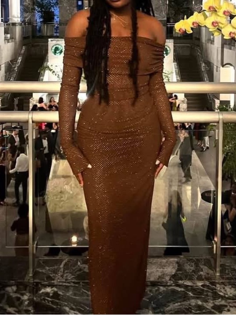 Meshki Marcel Off Shoulder Diamante Maxi Dress Chocolate M